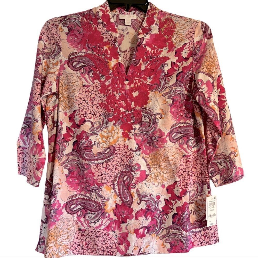 NWT Linen Blend Macy's Charter Club Embroidered Tunic Sz S Pink Combo